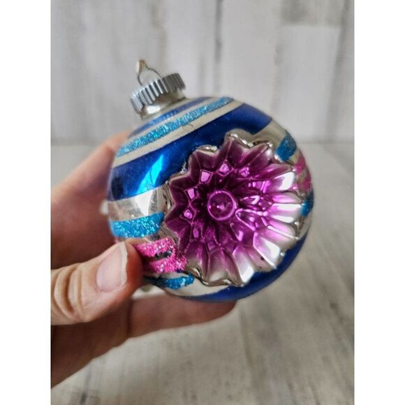 Vintage radko shiny Brite reflector blue striped ball ornament Xmas tree - Picture 8 of 10
